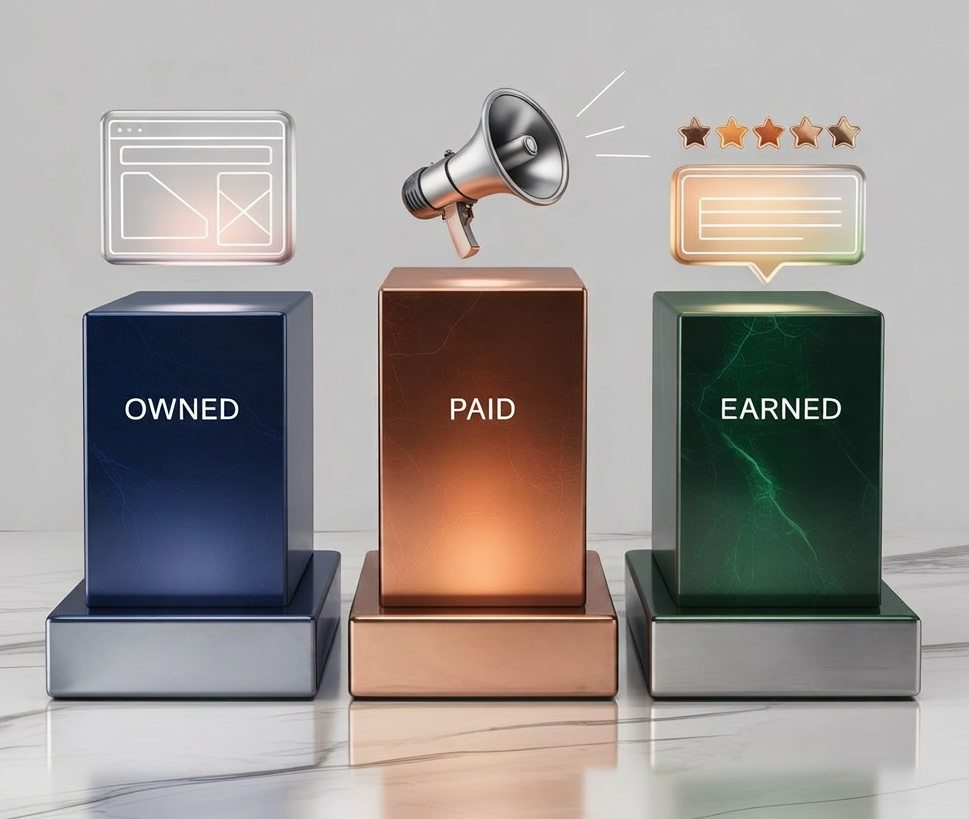 A 3D diagram defining what is digital marketing by showing the three pillars: Owned Media (blue), Paid Media (bronze), and Earned Media (green) on pedestals.